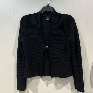 August Silk open front cardigan sweater. Bone closure. Ribbed waist length.